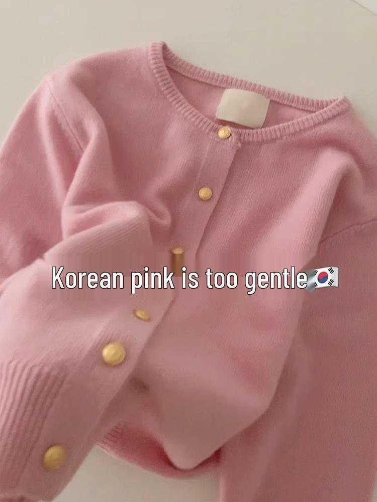 Whitening Raspberry Pink Gold Button Knit Cardigan - Women's Autumn/Winter Korean Style, Soft, Thick, Warm, Round Neck Wool.