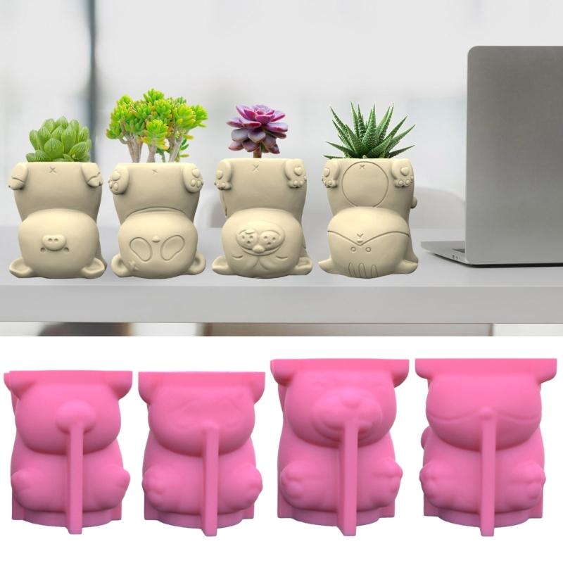 Silikonform für Sukkulenten-Blumentöpfe, Mini-Gartenstatuen, Katzen-, Panda- und Schweinchen-Blumentopfform, einzigartige Stifthalter-Harzformen