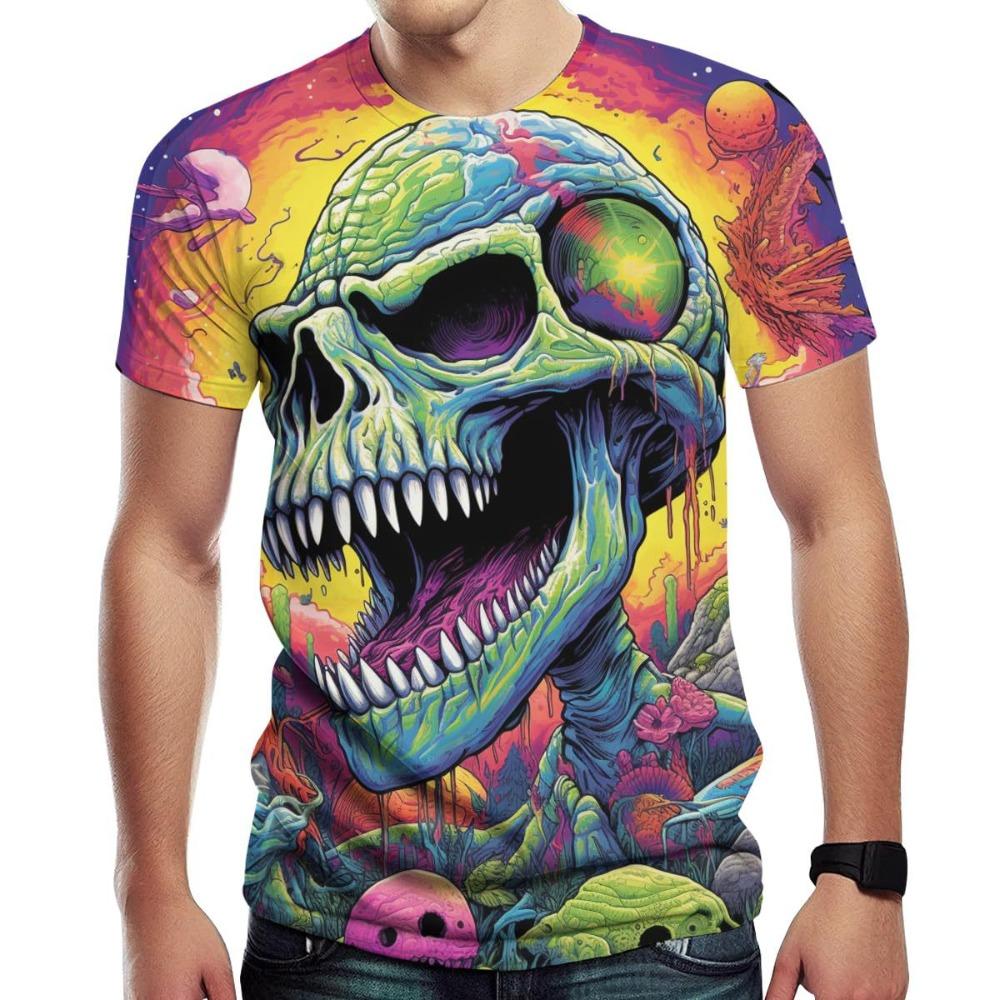 Camiseta de Manga Corta con Cuello Redondo para Hombre con Estampado de Calavera Psicodélica Impresión Digital 3D de Moda