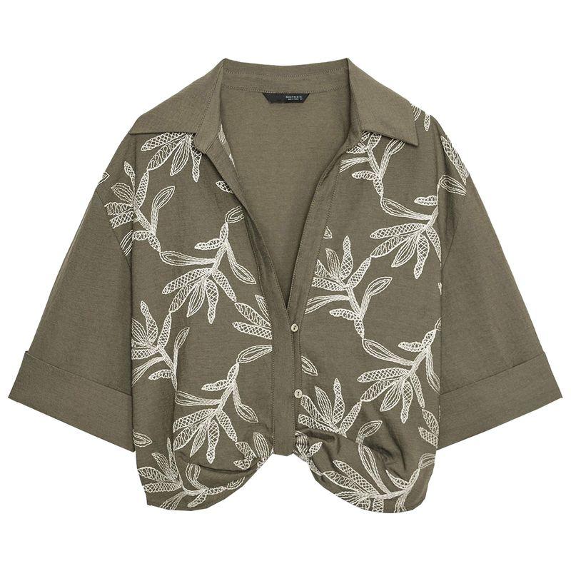 

Zaprha 2025 Autumn New Women Lapel Curling Short sleeve V-neck Contrast Color Embroidery Shirts Top 3564156 Khaki L