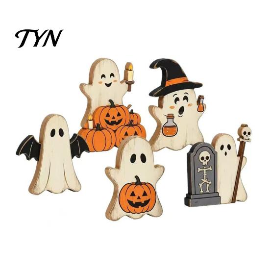 Reusable Autumn Seasonal Accents Halloween Cute Ghost Sign, Pumpkin Tombstone Wooden Plaque Solid Wood Displays for Tiered Tray Decor, Spooky Festive
