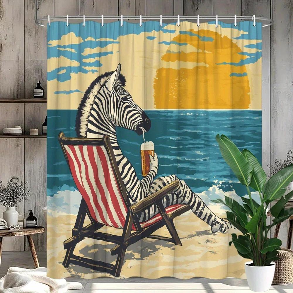 Monika Chen 1Pc Zebra Beach Chair Shower Curtain - Vintage Style, Playful Human-Like Zebra Sitting On Striped Beach Chair, Polyester Home