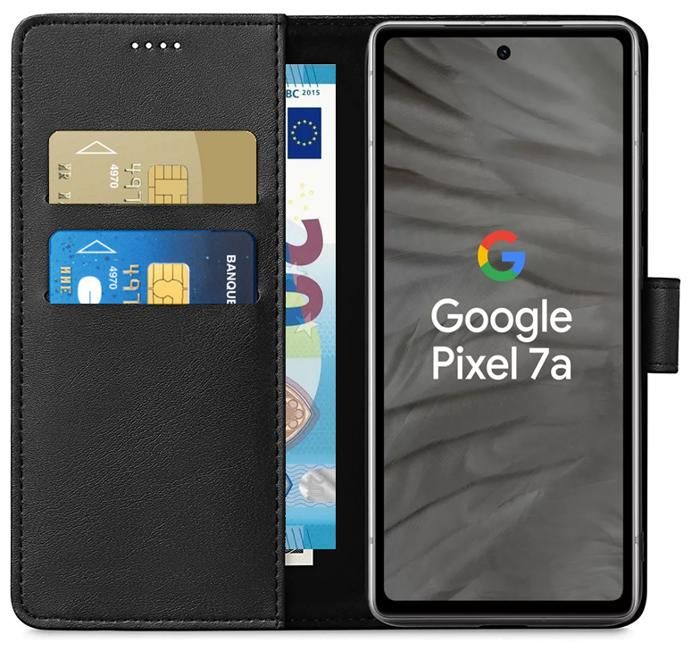 Case - Phonillico® - Google Pixel 7a - Black Wallet - Magnetic Flap - Card Storage