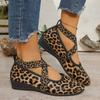 Women's Wedge Single Fashion Round Toe Shallow Mouth Leopard Print Cross Strap Soft Sole Non-Slip Low Top Shoes
