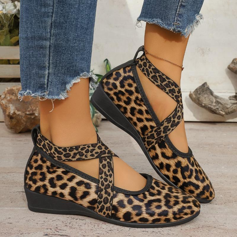Women's Wedge Single Fashion Round Toe Shallow Mouth Leopard Print Cross Strap Soft Sole Non-Slip Low Top Shoes