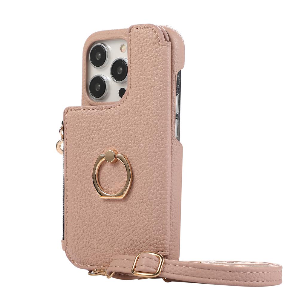 Ring Holder Crossbody Zipper Cards Solt Wallet Leather Case For iPhone 15 Pro Max 14 Plus 13 12 11 SE 2022 Makeup Mirror Cover