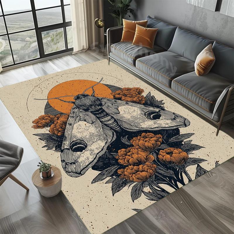 Warm Brown Floral Moth Pattern Area Rug Retro Botanical Style Non-Slip Floor Carpet for Living Rooms Home Decor Areas
