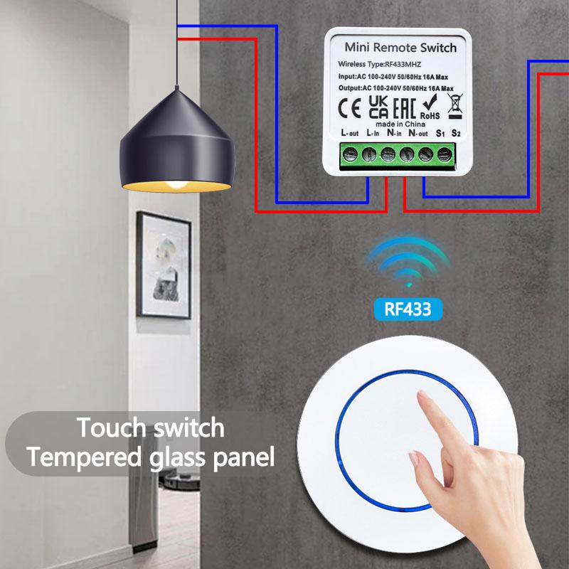 Interrupteur Intelligent 16A Contrôleur Relais RF 433MHz Télécommande Sans Fil Mini Bouton Rond Interrupteur Mural à Panneau pour Appareils DIY Maison Intelligente