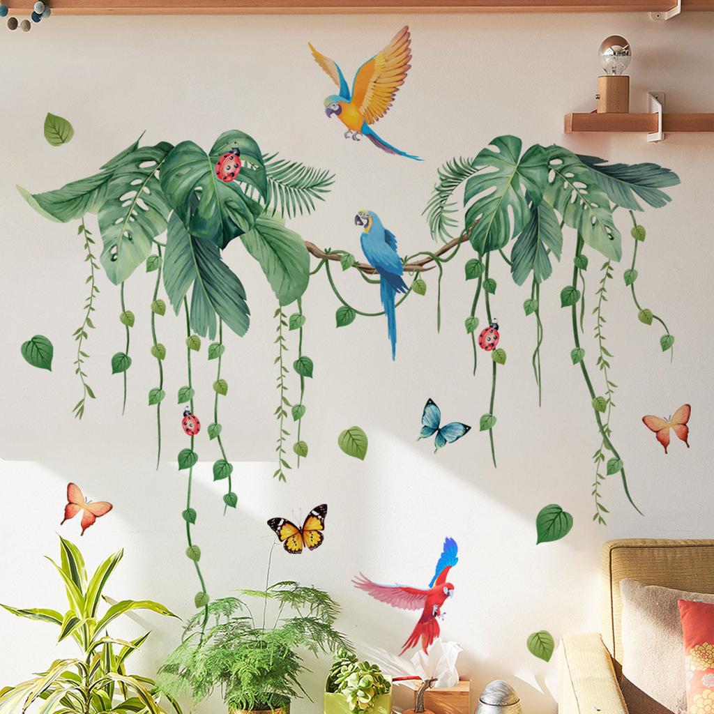 Living Room Wall Decals Bird Plant Leaf Butterfly Wall Stickers for Children Kids Room Bedroom Home Decoration Mural Wallpaper