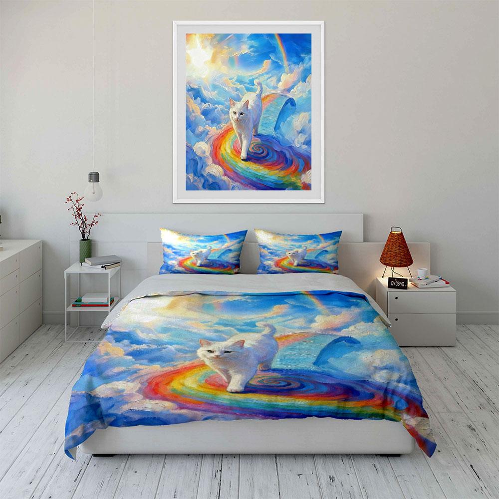 Rainbow Cat Artwork Decor Set Soft Comfortable Duvet Cover Bedding Set Included 1*Duvet Cover & 2*Pillowcases, Gift