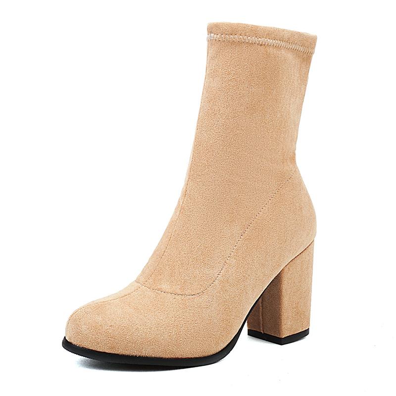 Winter Stretch Flock Ankle Boots Women High Block Heels Party Dress Office Lady Round Toe Slip-on Warm Plush Elastic Sock Boots