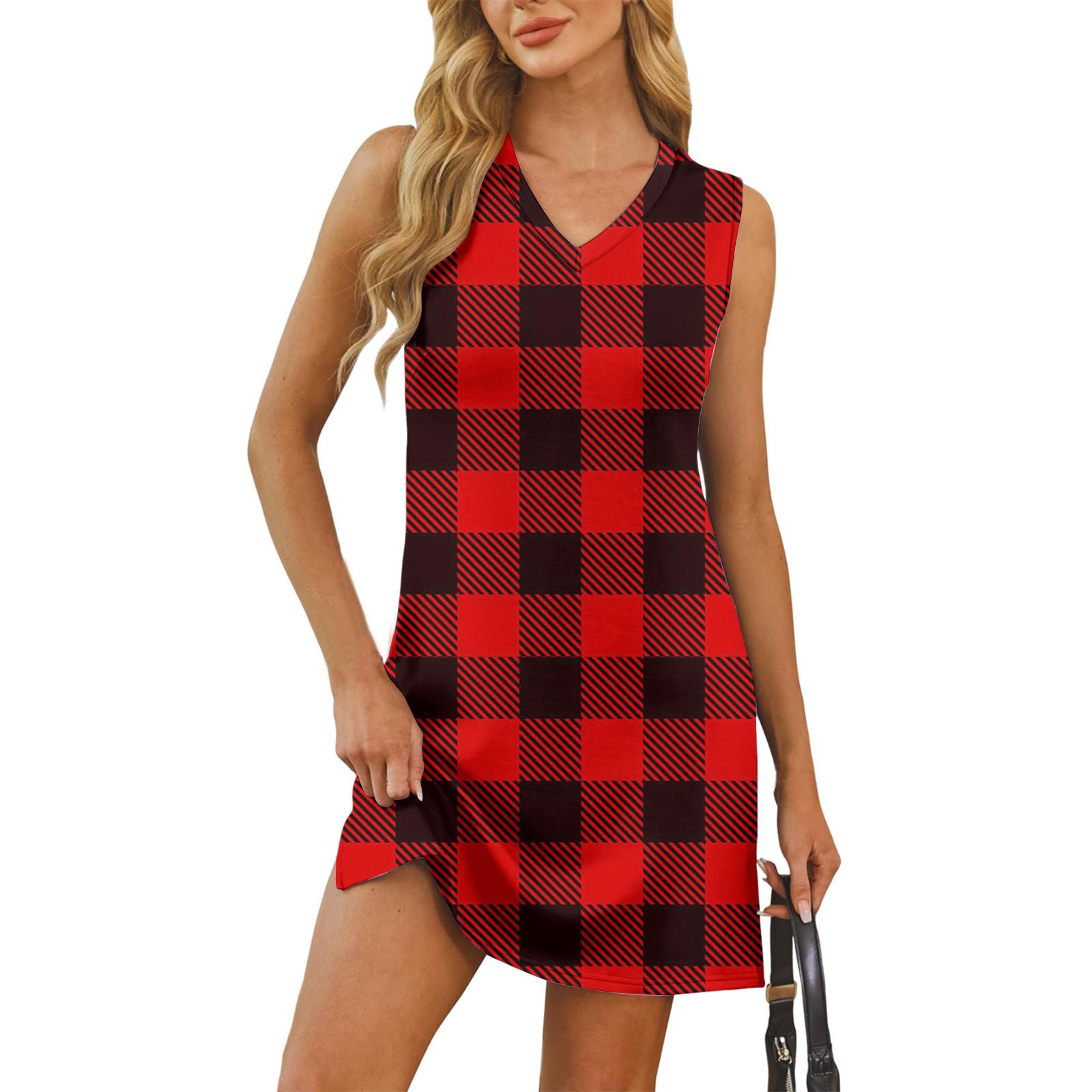 

Women s V-neck Summer Casual Beach Vacation Women s Sleeveless Plaid Print Sundress XL винний