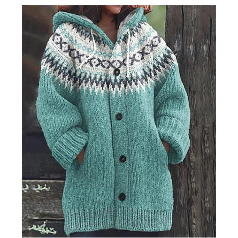 Damen Strickjacke mit Kapuze 3D Tierdruck Einreiher Langarm Mantel mit Taschen
