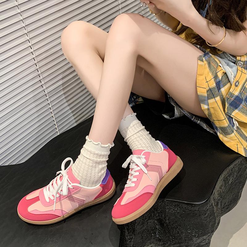 Summer New German Training Shoes Women's Flat-bottomed Lace-up Color Matching Single Shoes Women's Fashion Round Head Sports Flat Baseplate Shoes