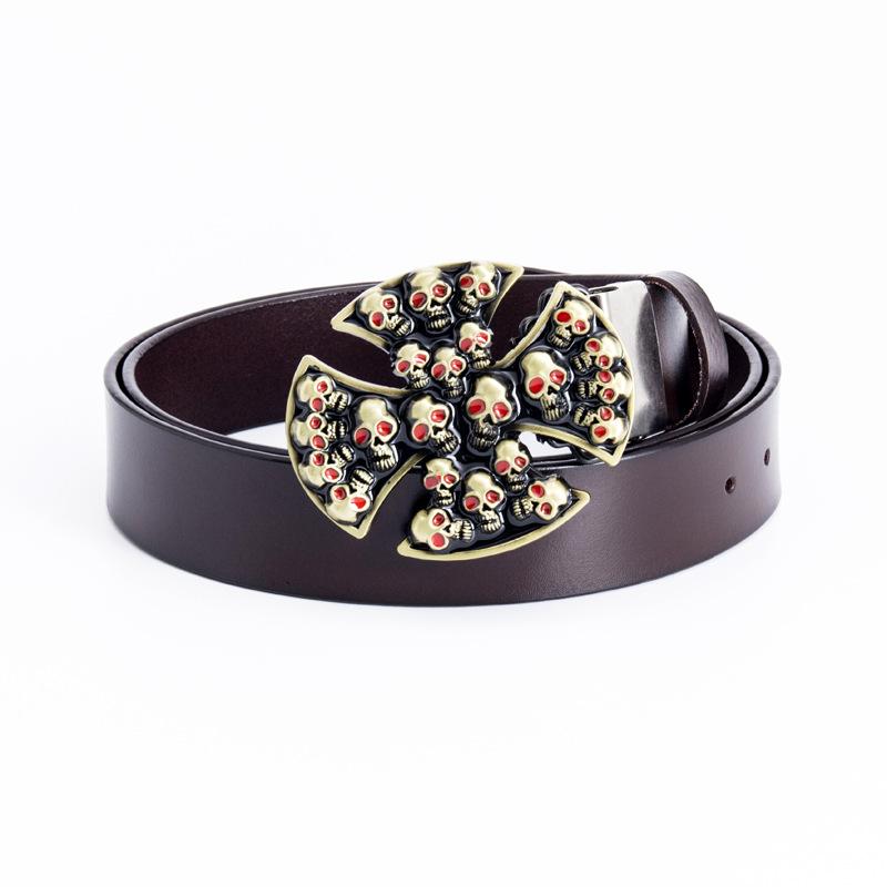 

Ремень для Хэллоуина, цельный двухслойный из коровьей кожи, черный, для взрослых мужчин, ремень с черепом и крестом 130cm