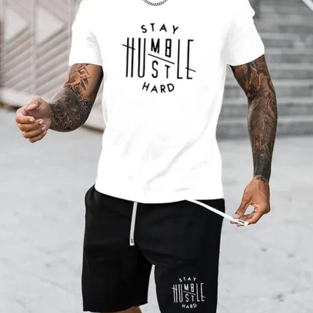 Summer Men's Suit Street Fashion Loose and Comfortable T-Shirt Outdoor Sports Running Fitness Shorts Text Printing