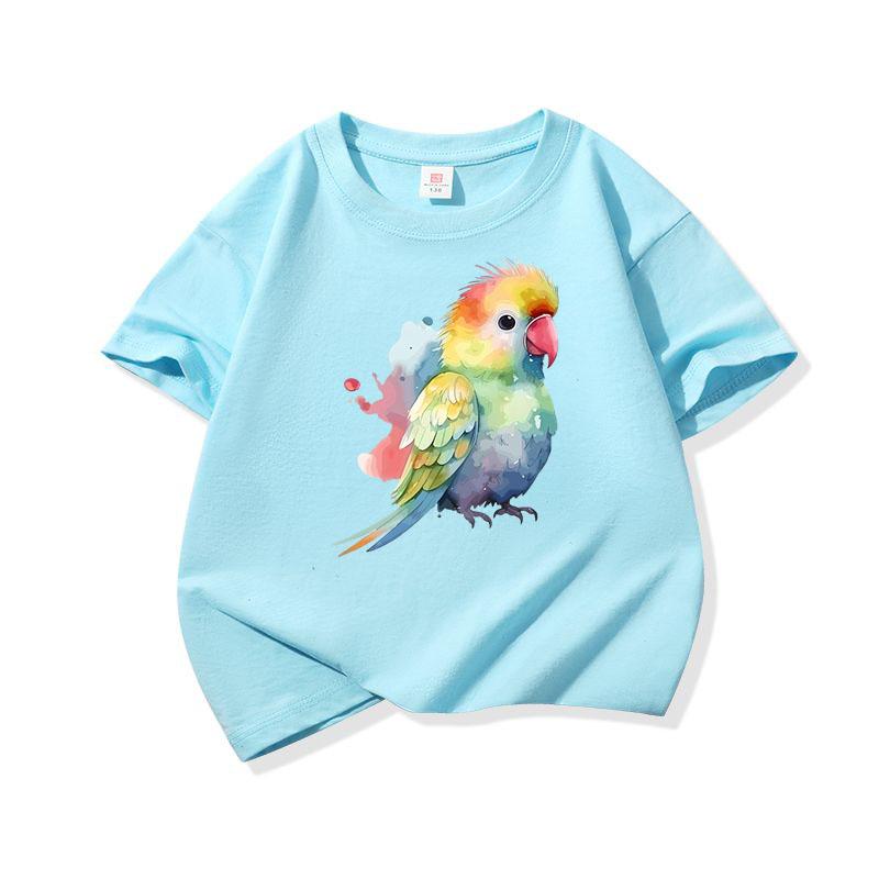 Bright Watercolor Rainbow Parrot Graphic Tee Kids Pure Cotton Crew Neck Print T Shirt Short Sleeve Muticolor Tops Boys Girls