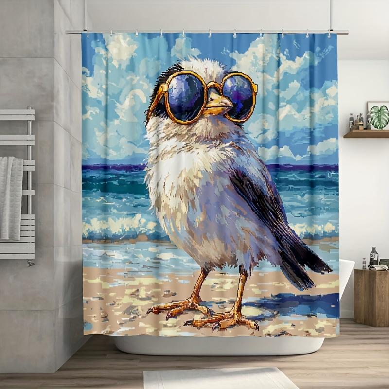 

1Pc Black & White Bird Beach Scene Shower Curtain - 71X71 Inch, Polyester, 12 Hooks, Hand Wash, Boho Bathroom Decor W60H190(CM)-1 Pcs