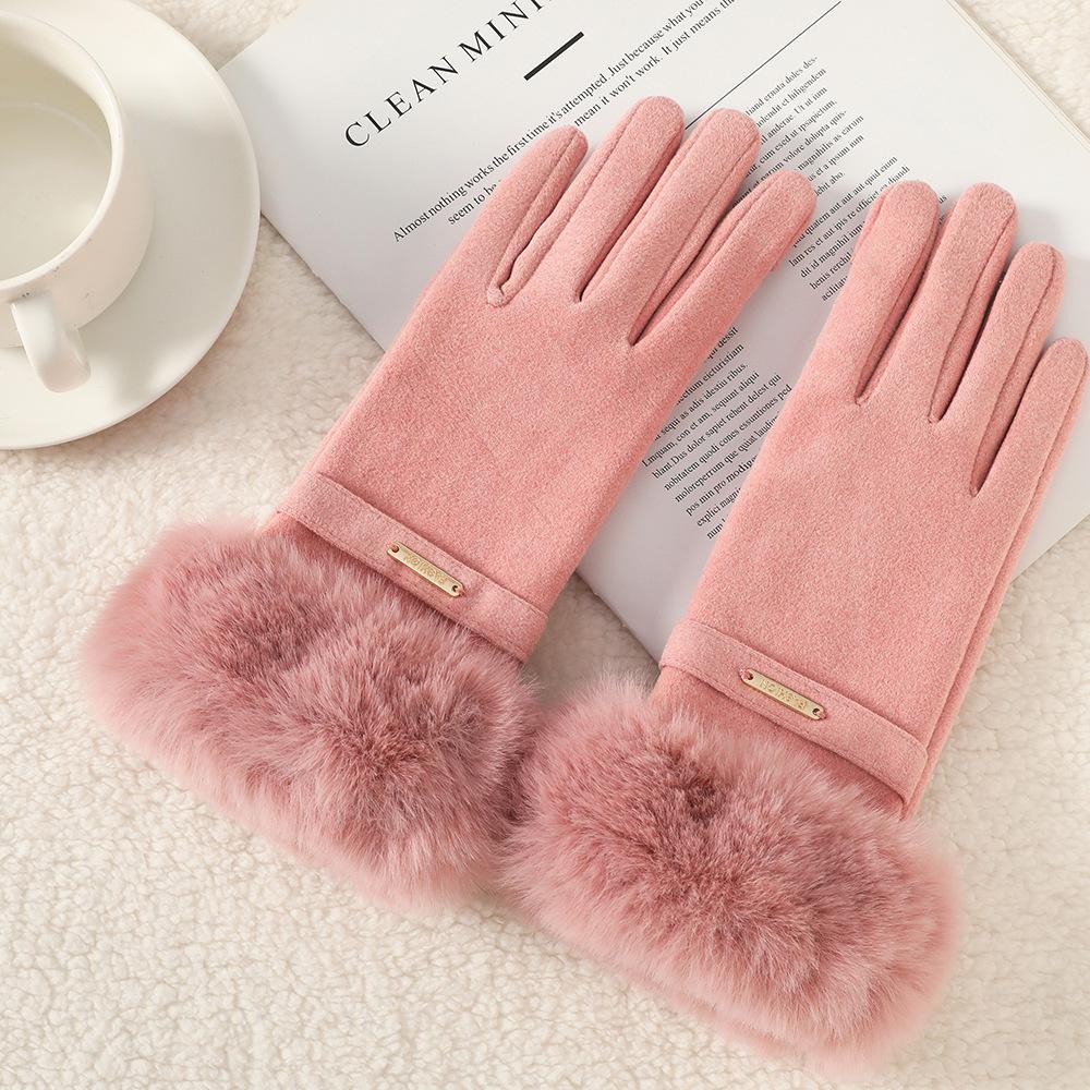 Warm Gloves for Women In Autumn and Winter Outdoor Riding Cold Proof Thickened Plush Velvet Cute Bow Develvet Touch Screen Gloves