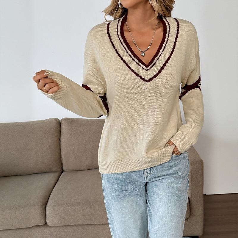 Women S Cozy Sweet College Style V Neck Long Sleeve Loose Fit Sweater