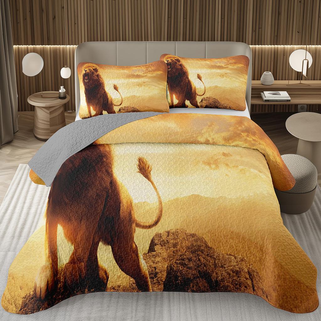 Lion Bedspread Twin King Safari Wild Aninal Coverlet Western Farmstyle Quilt Set Soft Luxury Reversible Grey Quilted Bedding Set