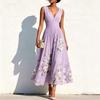 TikTok Women's Amazon Digital Printing Flower Long Sleeve V-Neck Pleated Dress Women's Long Dress