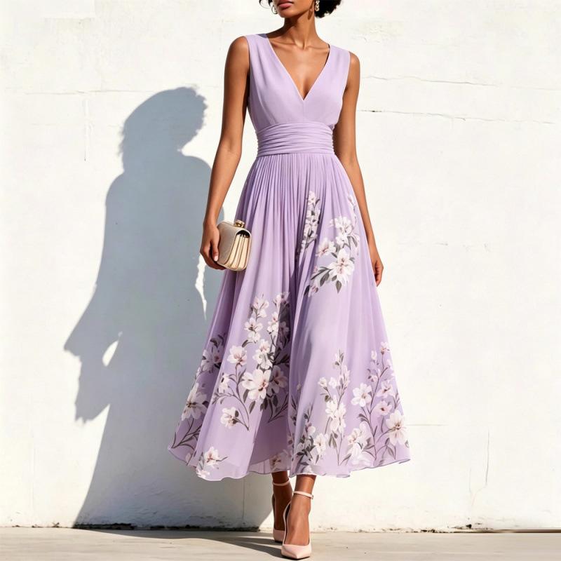 TikTok Women's Amazon Digital Printing Flower Long Sleeve V-Neck Pleated Dress Women's Long Dress