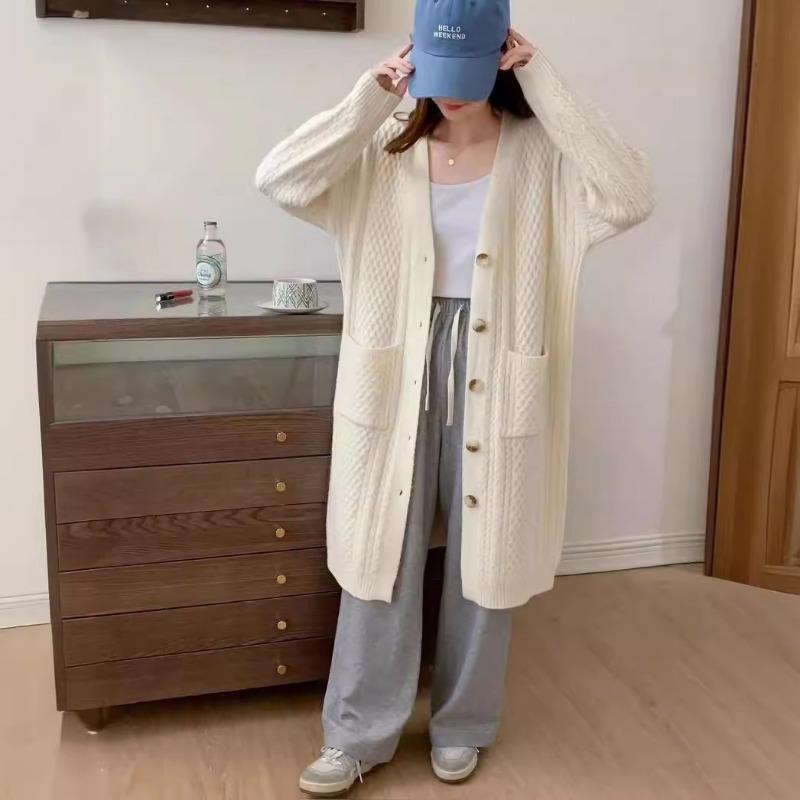 Long sweater jacket women's autumn new twist sweater cardigan long lazy thick knitted cardigan jacket