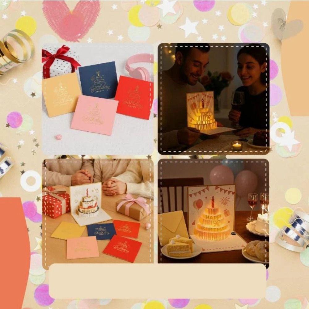 Happy Birthday 3D Music Glowing Cards Music Light Pop Up Glowing Cake Blessing Card with Envelope Foldable 3D Cake Greeting Card