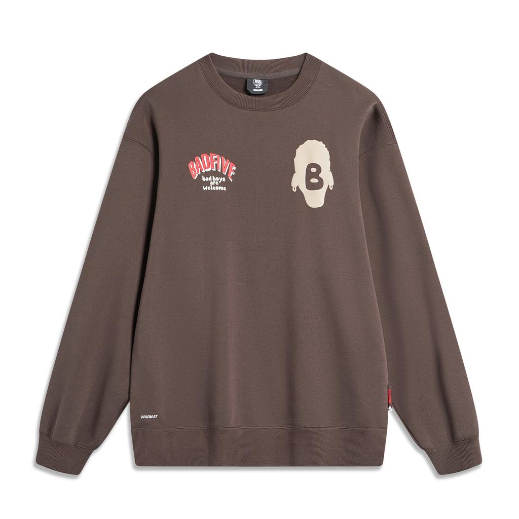 Li Ning Sports Basketball Series Letter Round Neck Fleece Pullover Sweatshirt Men Sweatshirt Charcoal-Brown AWDT873-4
