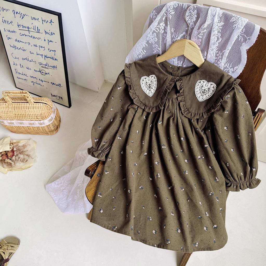 Blumen-Retro-Mädchenkleid im koreanischen Stil - Herbst 2026 Kollektion, Langarm, Rundhalsausschnitt mit Revers
