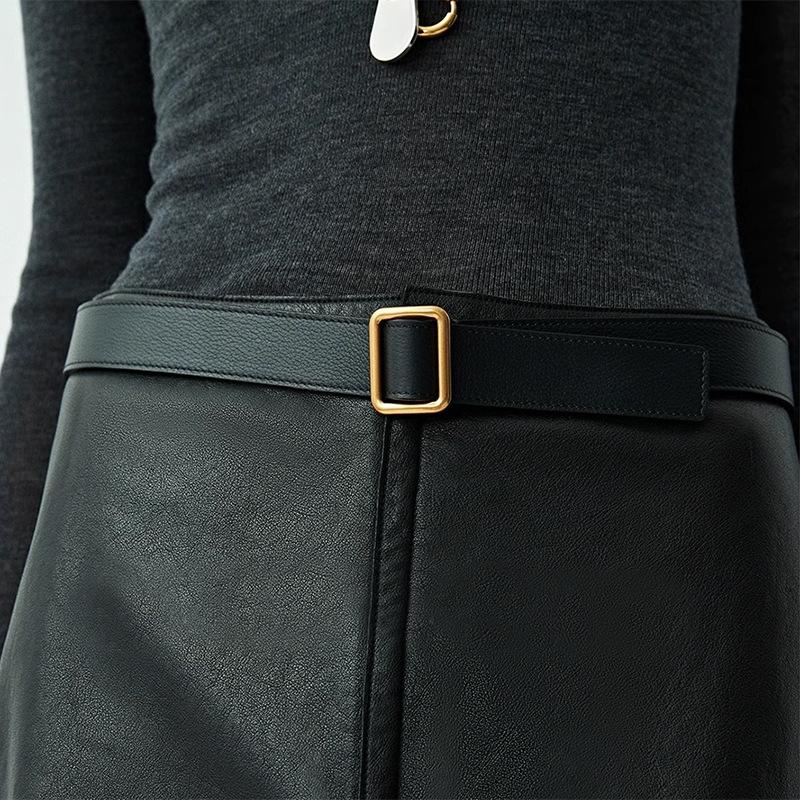 No Punching 24 Minimalist Double-Sided First-Layer Cowhide Lychee Pattern R & W Fashionable Square Buckle Belt For Women