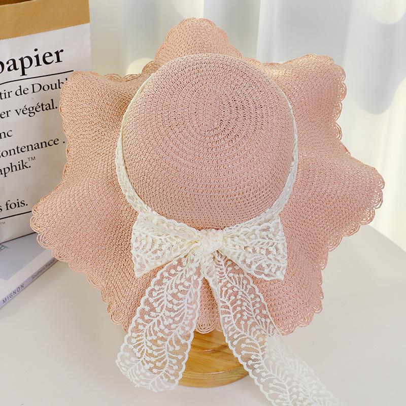 Sweet bucket hat straw hat women's lace bow big brim foldable sun hat seaside beach