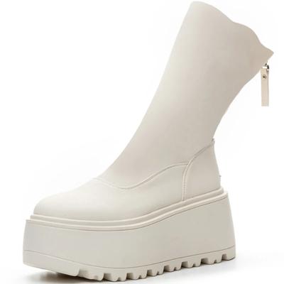 8CM Pravá koža Dámske HighFashion Lodičky Podpätky Biele Topánky Zips Zvýšenie Bežné Kotníkové Topánky Platformové Klinové Topánky
