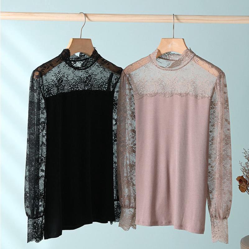 Qooth Frauen Langarm Spitze Mesh-Shirt Büro Dame Mode Elegante Soild Farbe Silm Gestrickte Top Für Frühling Herbst QT2031