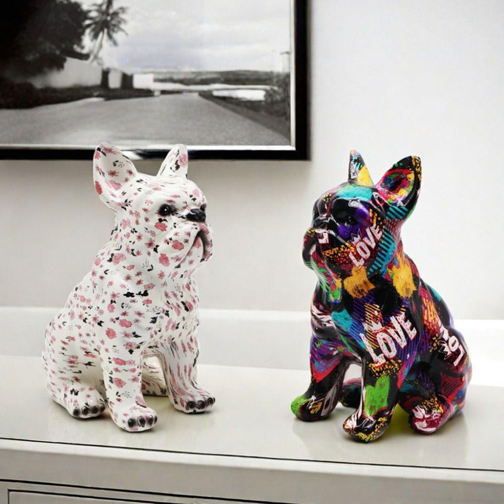 Kawaii Painted Bulldog Statue Cartoon Colorful Dog Statue Graffiti French Bulldog Statue  Children