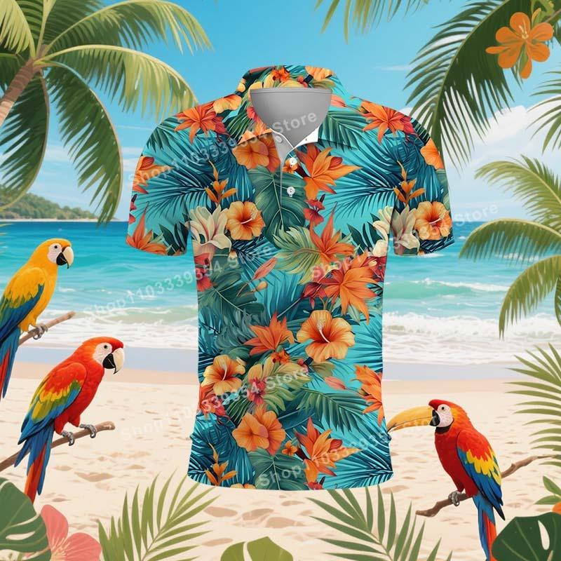 Hawaiian Beach Coconut Trees Polo Shirt For Men Summer 3D Print Leaves Short Sleeve Golf Polo Shirts Street T Shirt Tops