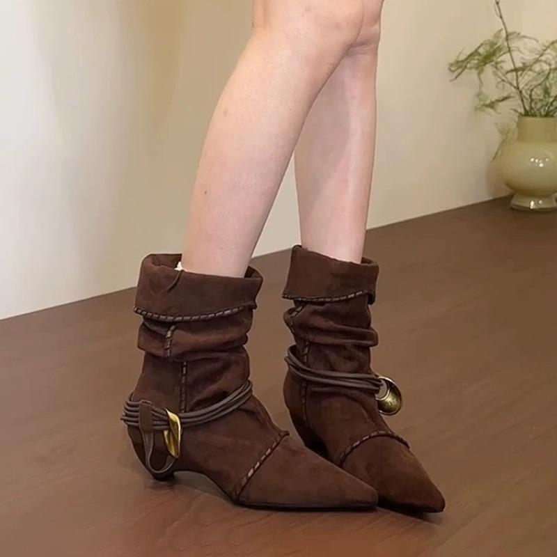 Schaffell-Version~ Retro-Nische spitzer Absatz gewebt mit Fransen zwei Tragemöglichkeiten Stiefel mit Schaft Western-Cowboystiefel Stiefeletten Damenstiefel