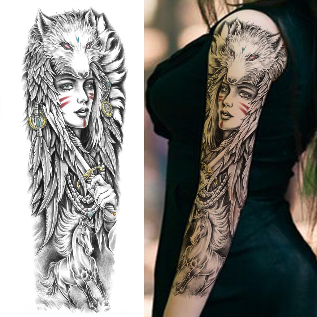 1 Sheet Black Skull God Wolf Eagle Temporary Tattoos For Men Women Full Arm Sleeve Tattoo Sticker Realistic Fake Tiger Lion Ship
