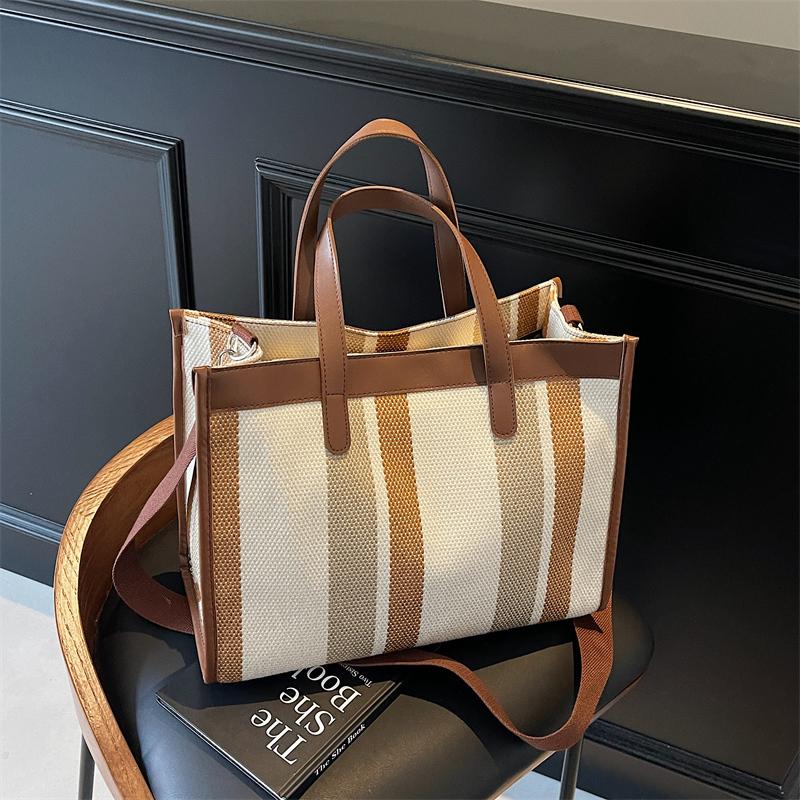 Large Capacity Canvas Bag Hand Carrying Student Class Crossbody Bag Striped Contrast Tote Bag