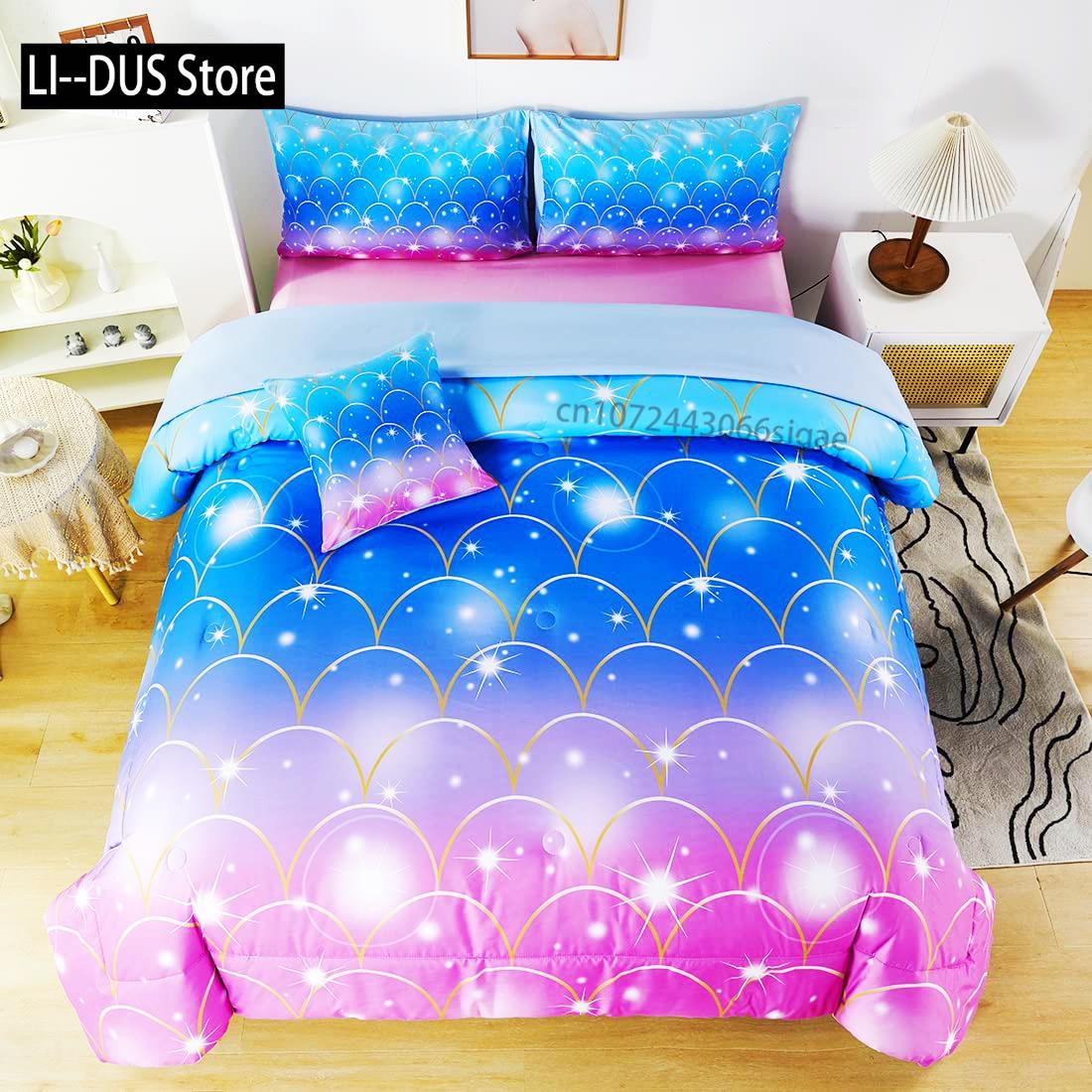 

Comforter Girls Mermaid Comforter Set Twin Size Fish Scale Bedding Set 3Pcs Bedroom Decor With 2 Twin Full Size Comforter (quilt)-EU Single(135*200cm)3pcs