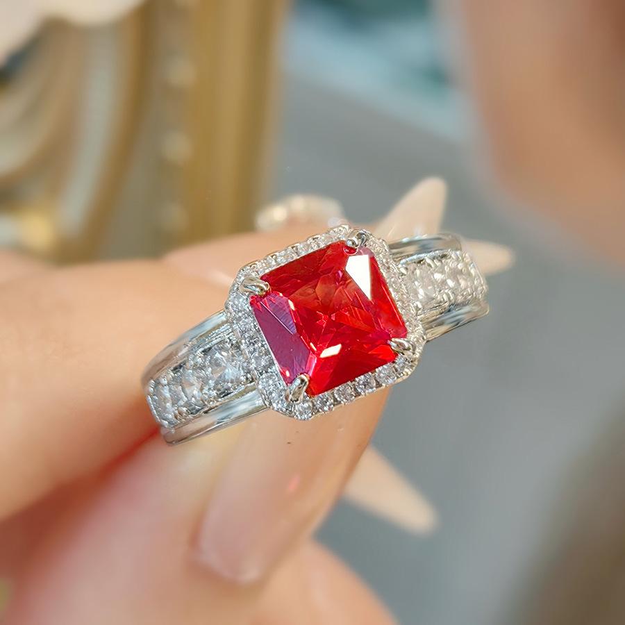 Fashion Light Luxury Temperament Princess Square Diamond Simulation Ruby Ring Retro Cotton Emerald Simple Women'S Ring