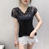V Neck Elegant Glitter Sequin Women Blouse 2023 Summer Sexy Lace Gauze Patchwork Tops Short Sleeve Slim Black T-shirt 14652