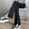 High-Waist Black Flared Pants for Women - Spring/Fall Slimming, Plus Size, Lightweight Front Slit Design