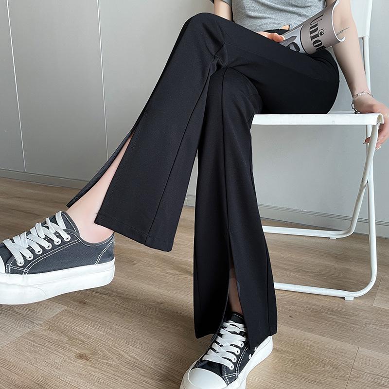 High-Waist Black Flared Pants for Women - Spring/Fall Slimming, Plus Size, Lightweight Front Slit Design