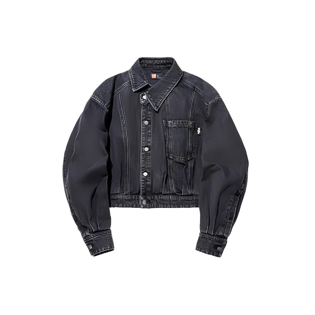 Li Ning Daily Prosperity Pattern Printed Washed Short Denim Jacket Women Jackets Black ASMU002-2