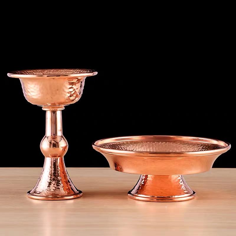 Buddhist Tribute Guardian Cup,Red Copper,Layer Two Handicraft Hammer Tibetan Buddhism Holy Water Plate,Desktop Decorative , 1Pcs