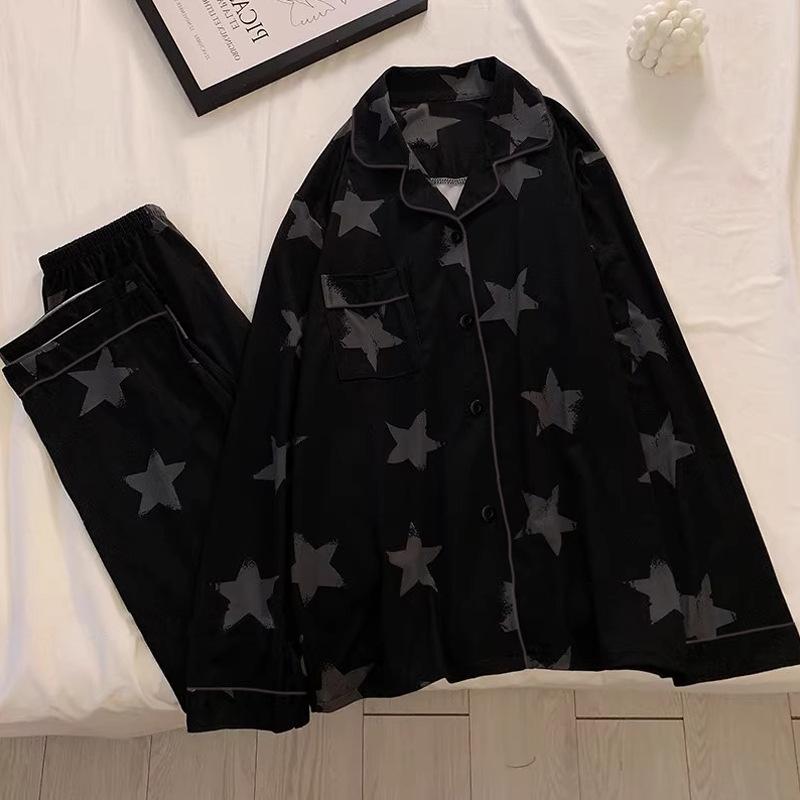 Spring new black high-end imitation cotton pajamas long-sleeved trousers star graffiti loungewear set