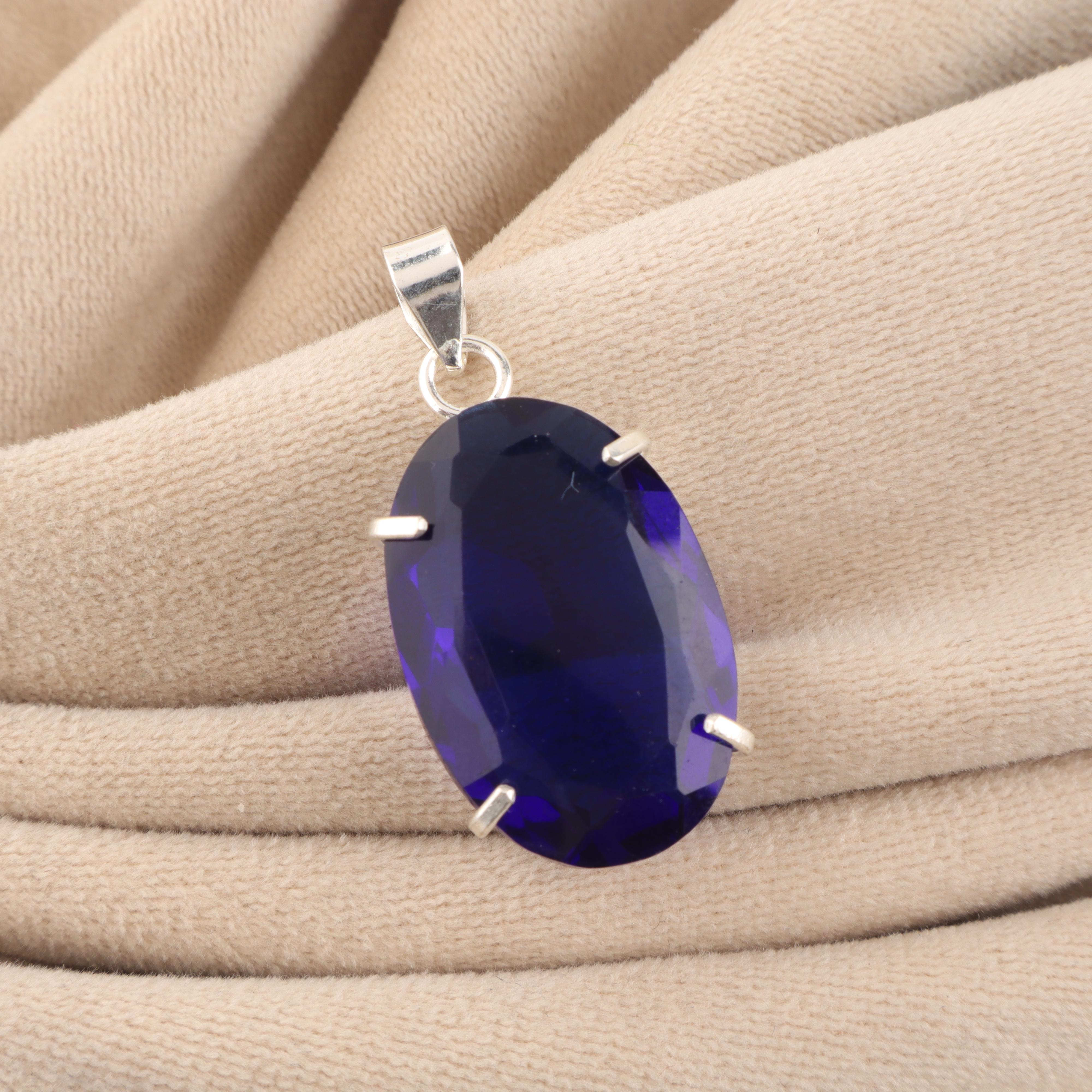 

Blue Sapphire Gemstone Silver Pendant, 925 Sterling Silver Homemade Pendant, Statement Pendant For Women PP-64-6