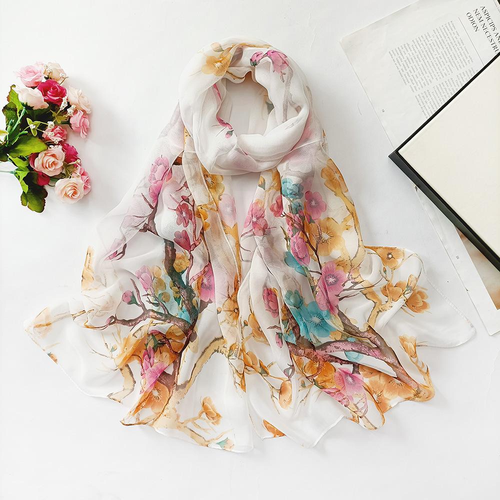 Lotus Geogette Medium-Long Silk Printed Scarf Summer Sunscreen Shawl Mom Gift Style Dance Versatile